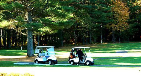 Two golf carts with people inside are parked on a paved cart path beside a grassy course with trees in the background.