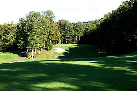 A sunny golf course fairway surrounded by lush trees, featuring a sand bunker near the green.