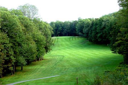 A grassy fairway slopes upward, bordered by dense green trees on both sides, viewed from an elevated position.