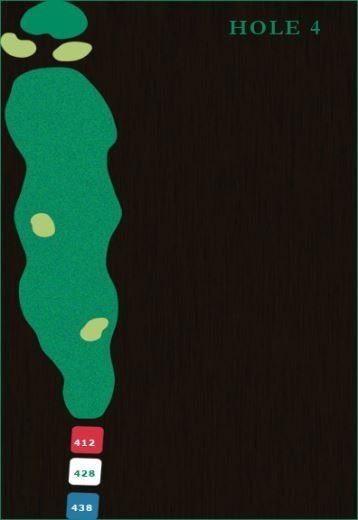Golf course map for Hole 4, showing a narrow green fairway, three sand traps, and starting tee distances in colored boxes.