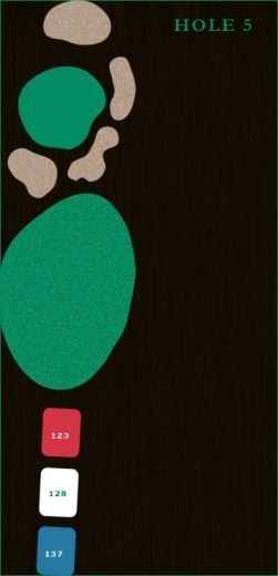 A golf hole diagram showing tee markers (123, 128, 137 yards), a fairway, and a green surrounded by sand traps.