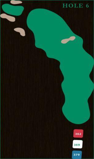 A golf course diagram for Hole 6, showing a green fairway with sand bunkers and three yardage markers: 362, 369, and 379.
