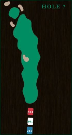 Golf course hole map showing a green fairway with bunkers, a circular green, and three colored yardage markers at the tee.