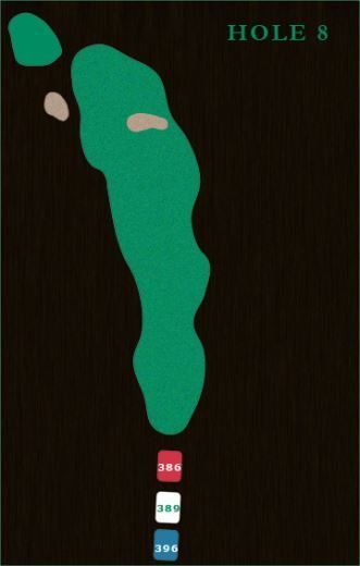 A golf course map for Hole 8, showing the fairway, two bunkers, and tee box distances of 384, 389, and 396 yards.
