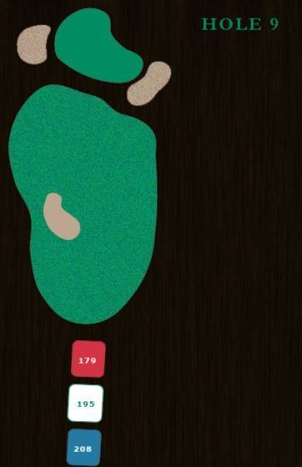 A golf hole layout map showing tee markers at 175, 195, and 200 yards, a fairway, bunkers, and a small green.