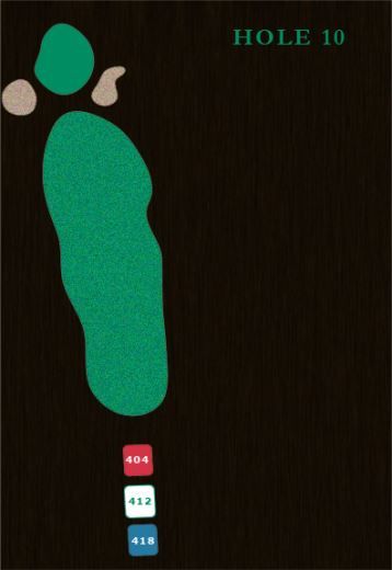 A map of golf Hole 10, showing the fairway, green, bunkers, and yardages of 404, 412, and 418 yards from different tees.