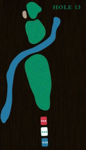 A golf hole diagram showing the tee boxes, a split fairway separated by a water hazard, and the green with a bunker.