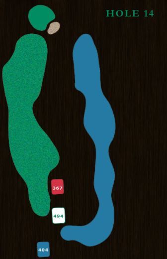 Golf hole map showing a green fairway, a blue water hazard on the right, and three distance markers near the tee box.