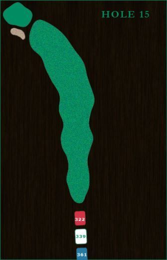A golf course map for Hole 15, showing a fairway leading to a green with a bunker, with distance markers in red, white, blue.