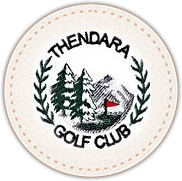 Logo for Thendara Golf Club featuring a circular design with pine trees, a mountain, and a red golf flag inside a wreath.