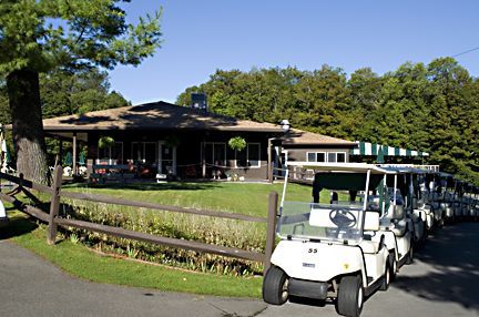 A row of white golf carts parked next to a rustic clubhouse building with a grassy lawn and trees in the background.