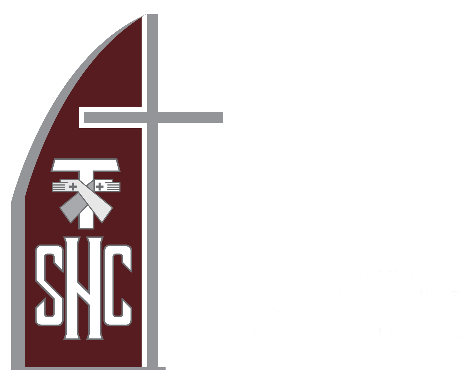 Maroon SHC logo with a gray cross and white church/ministry symbols on the left side
