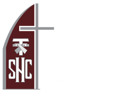 Maroon SHC logo with a gray cross and white church/ministry symbols on the left side