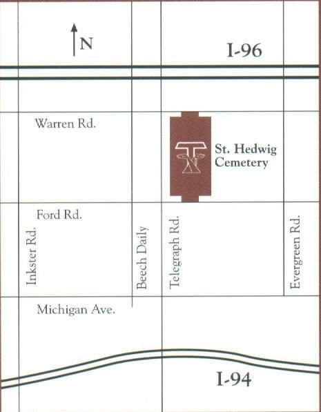 Map showing St. Hedwig Cemetery near I-96 and I-94 with surrounding roads and north arrow