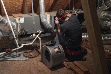 Technician kneels in an attic, inspecting HVAC ductwork beside a large blower fan.