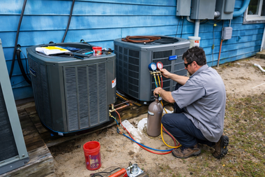 Technician servicing outdoor HVAC unit beside a blue house, with tools and hoses on the ground