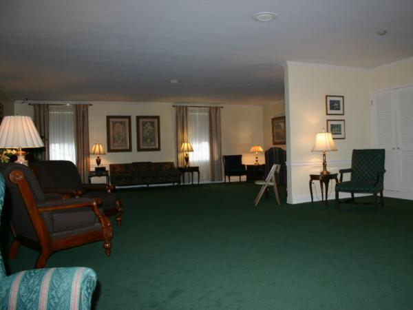 A living room with green carpet and chairs and lamps