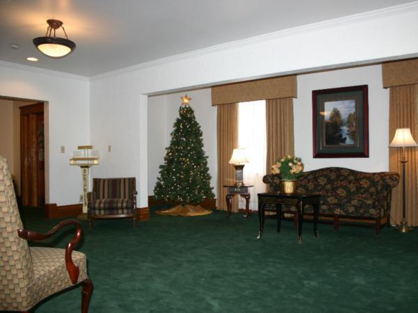 A living room with a christmas tree in the middle