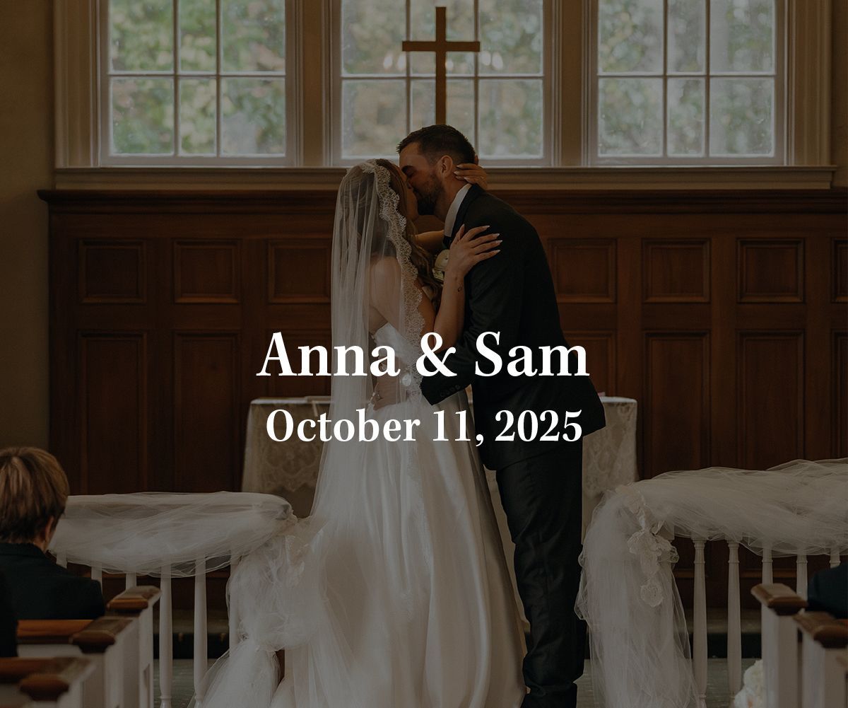 A bride and groom kiss before a cross in a church. Text overlay reads: