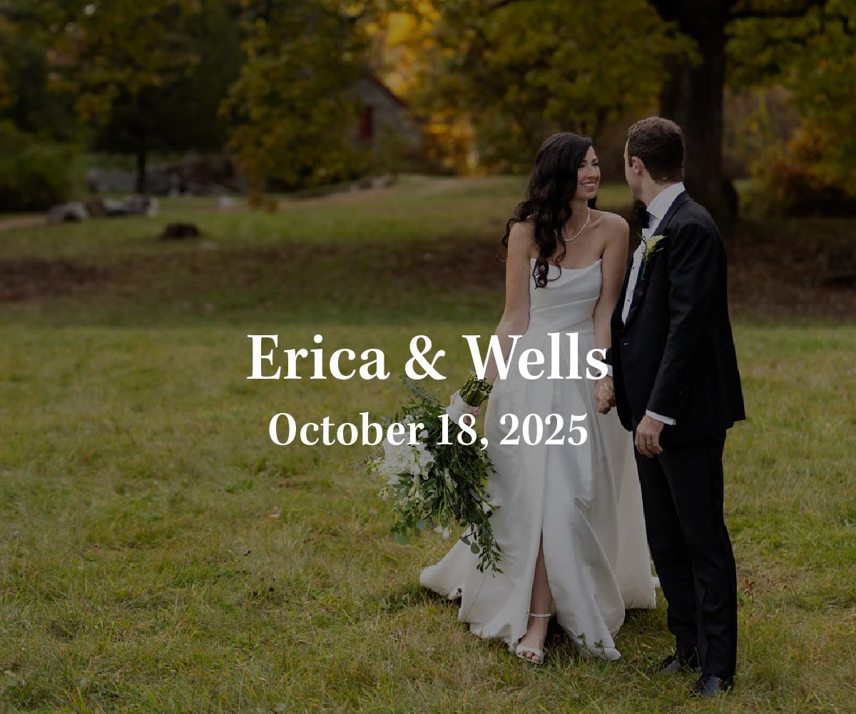 A couple in wedding attire stands in a grassy field, with text reading