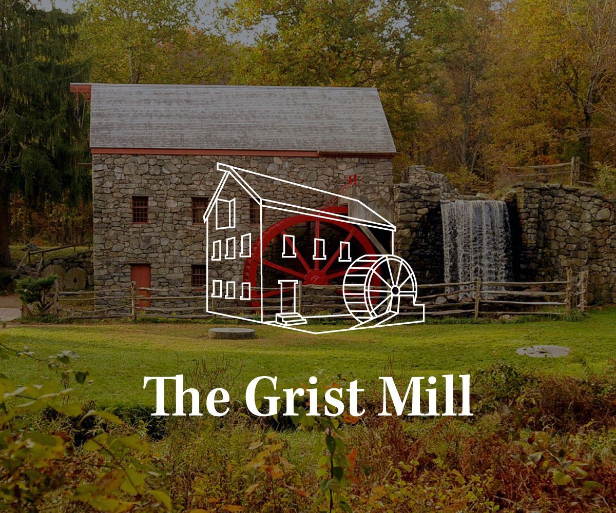 A stone grist mill with a waterwheel and waterfall, overlaid with a white wireframe sketch and the text