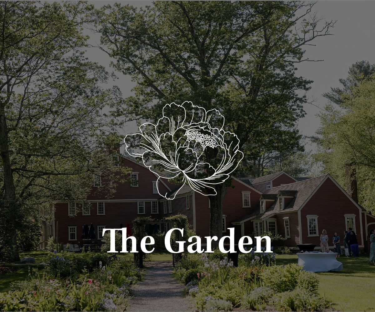 A garden with a white peony illustration and the text