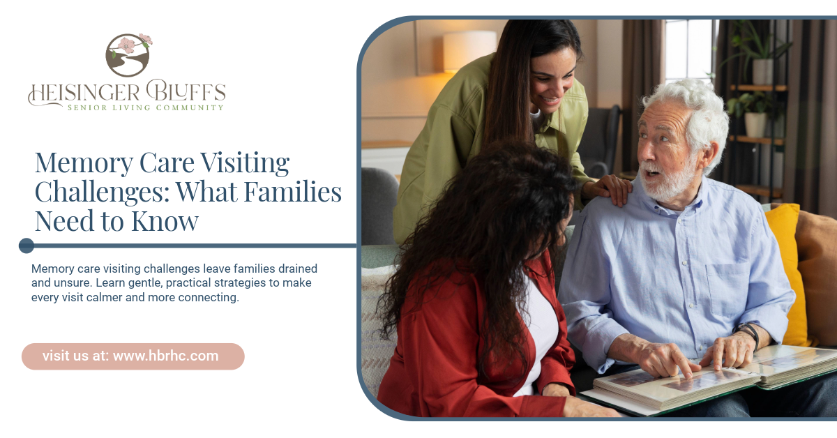 A couple in memory care looking at a photo album together while their daughter stands behind them