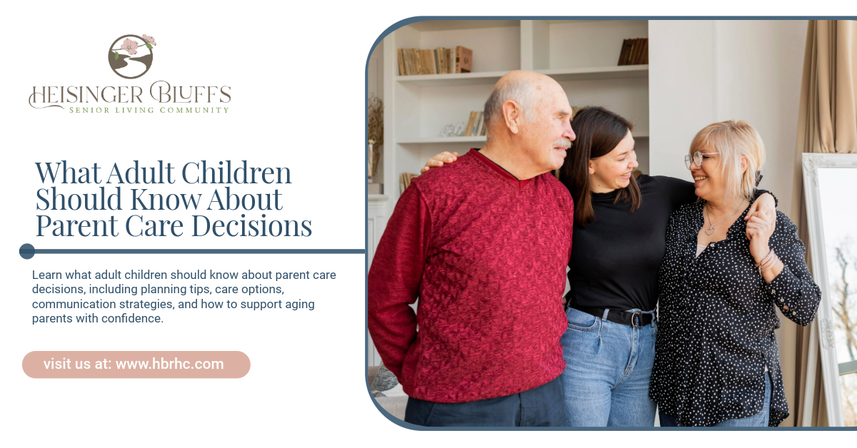 An adult child with parents, embracing in a home setting.