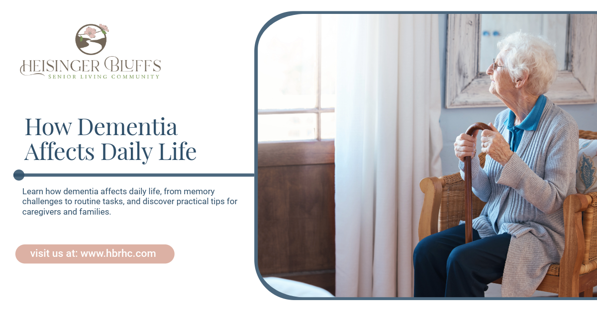 An elderly person with dementia is seated with a cane, looking out a window.
