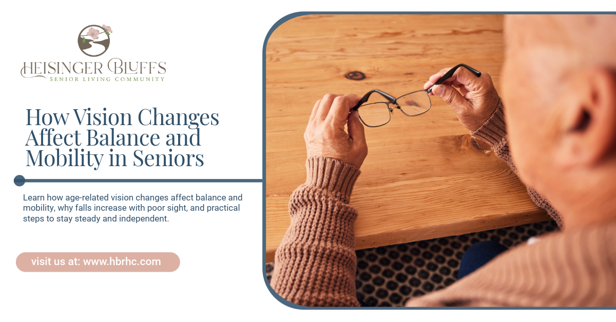 A senior with vision issues is looking at his eyeglasses