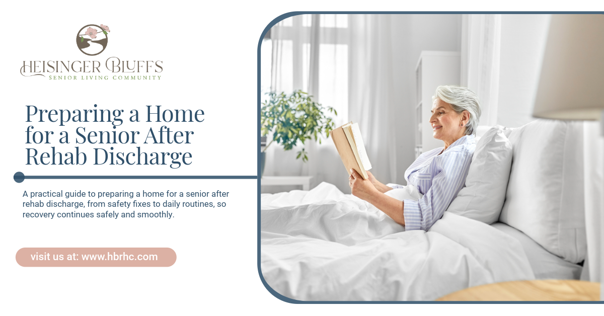 A senior reading a book comfortably in bed after rehab discharge