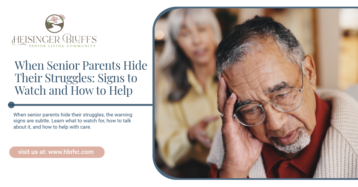 Senior parent holding his head, showing signs of struggling