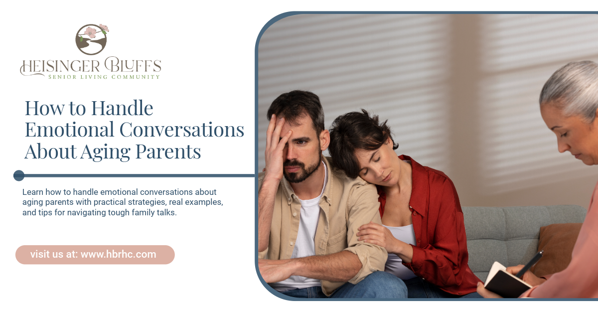 A senior mother having an emotional conversation with her children