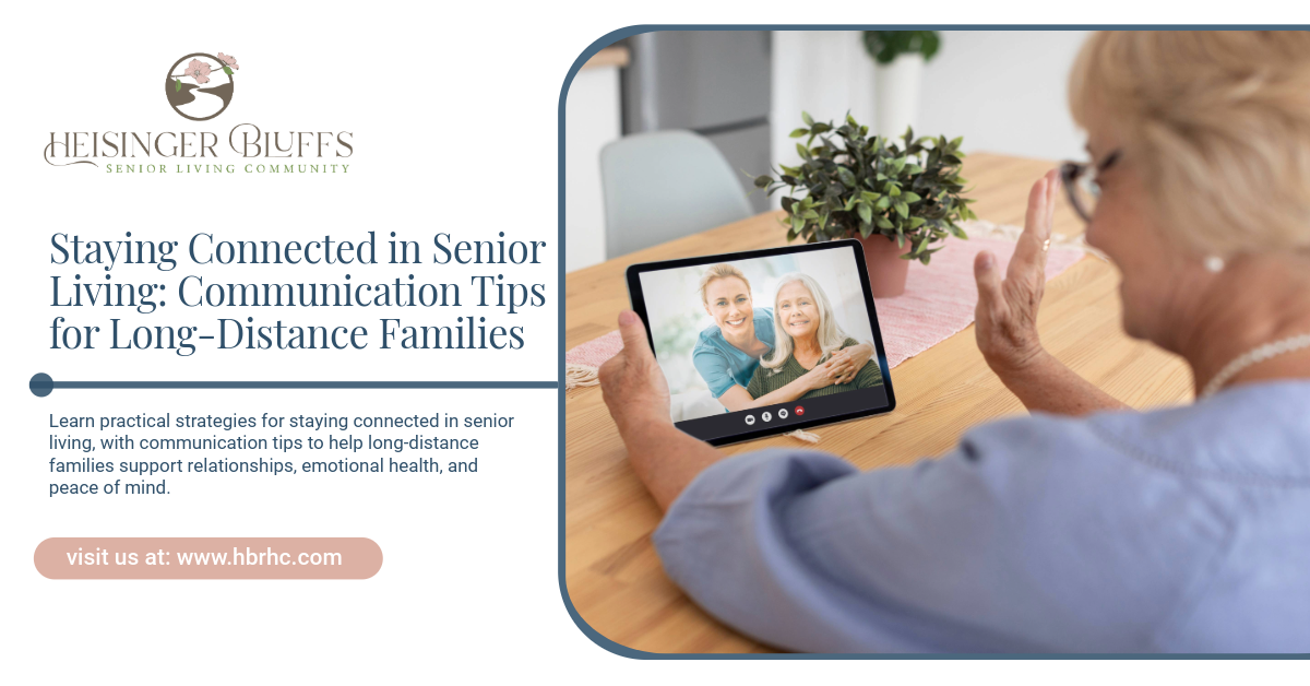 Senior on video call, waving at tablet.