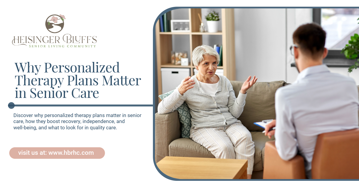 A senior and her therapist talking in a bright clinic lounge