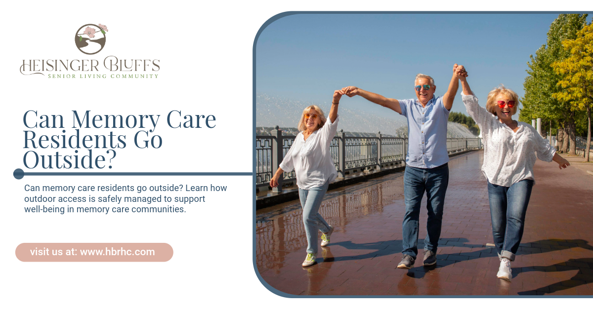A group of memory care residents is walking together outdoors