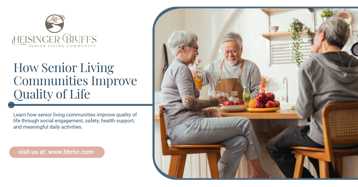 Three seniors in a kitchen, talking to each other.