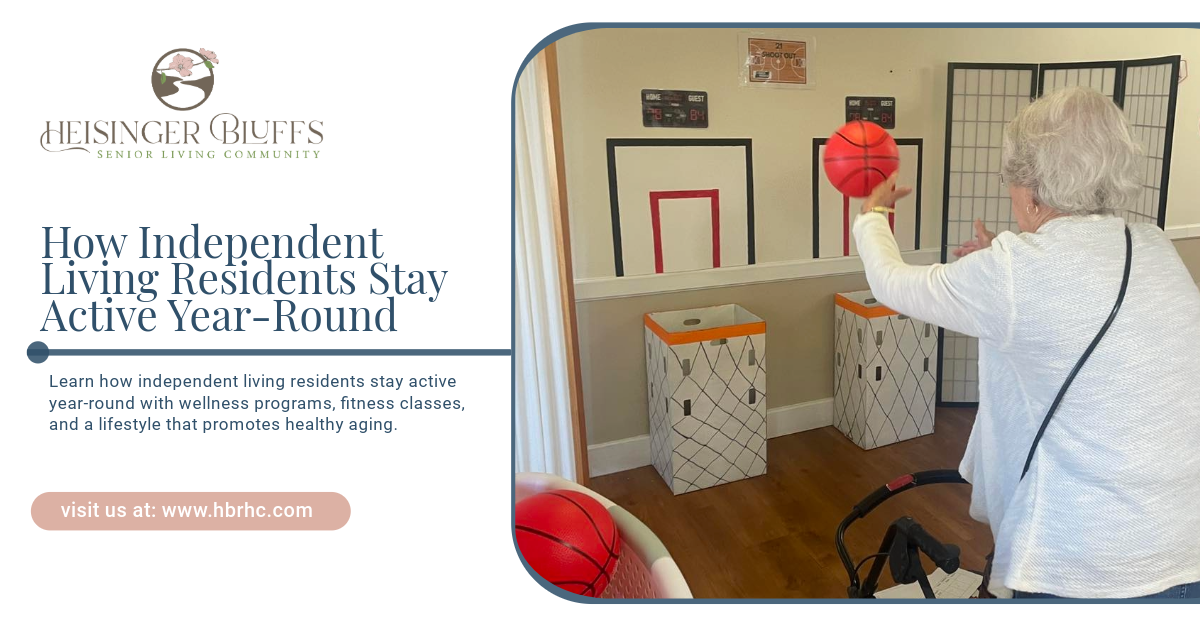 An elderly woman is playing basketball in a living room of an independent living facility.