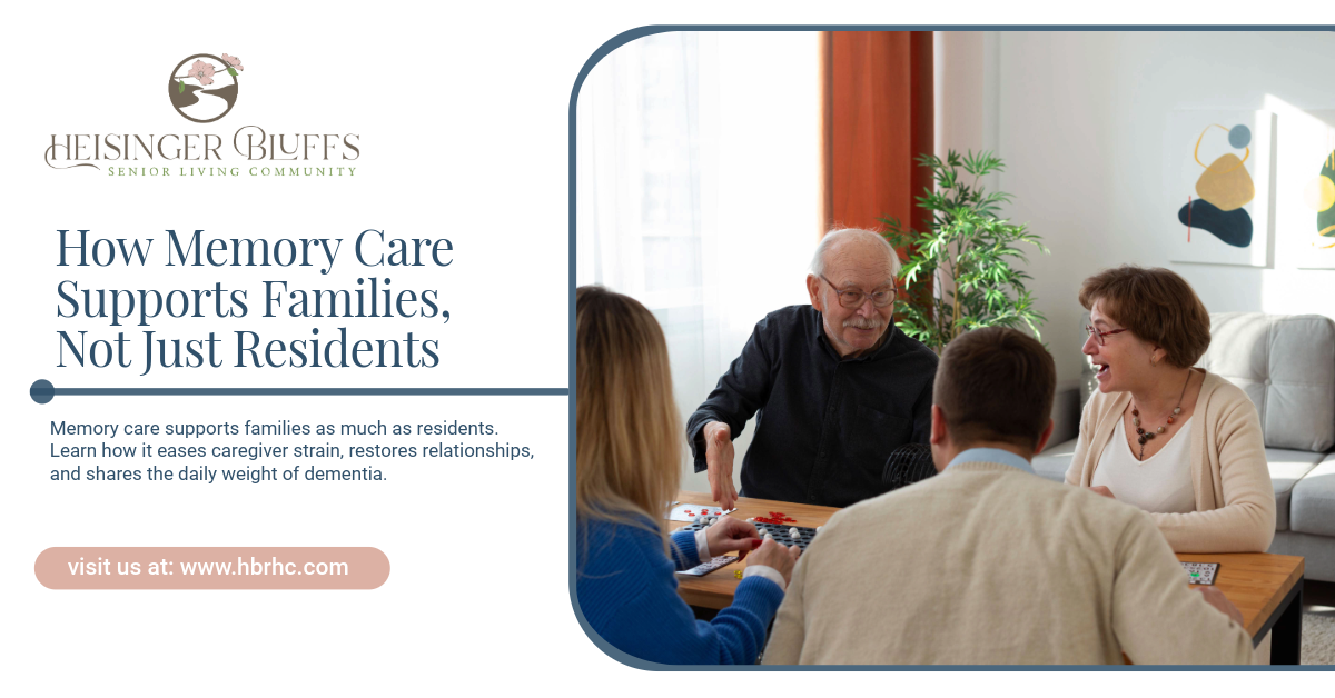 Memory care staff talking with residents in a bright care facility