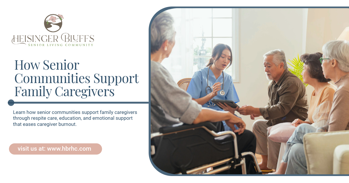 A family caregiver talking to seniors in a senior living community