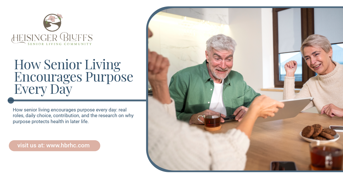 A group of seniors bonding over an iPad in a senior living community