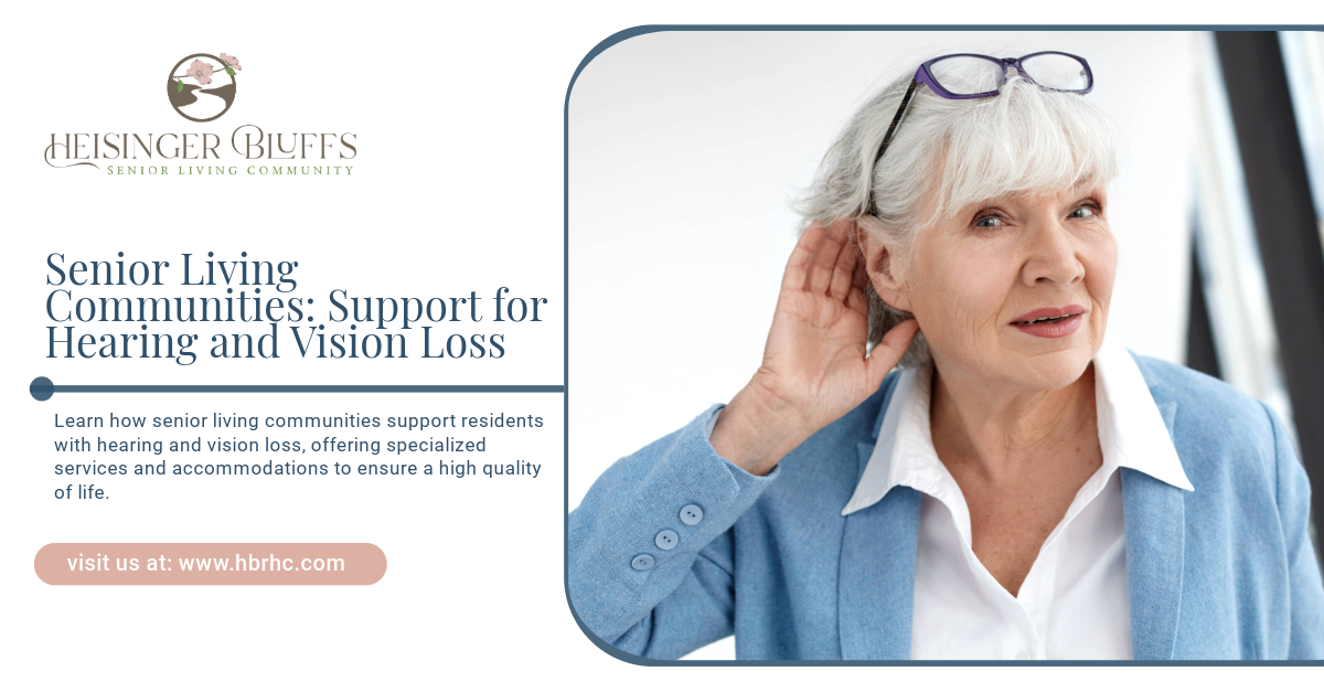 An older woman is listening to something with her hand on her ear.