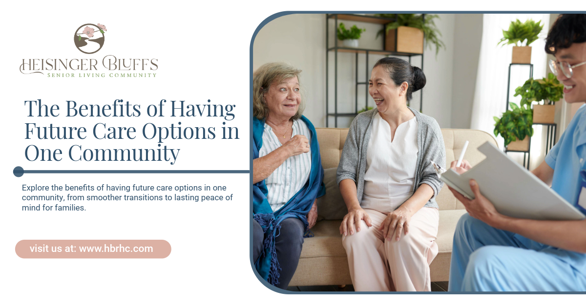 A senior and her daughter talking to a senior living community staff about future care options