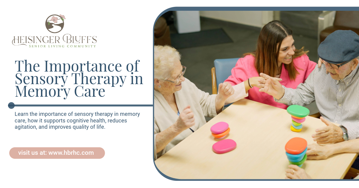 A group of seniors doing sensory therapy in memory care with the help of a staff