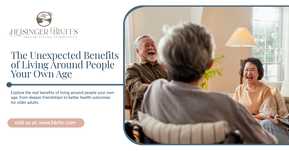 Seniors happily talking together in a senior living community