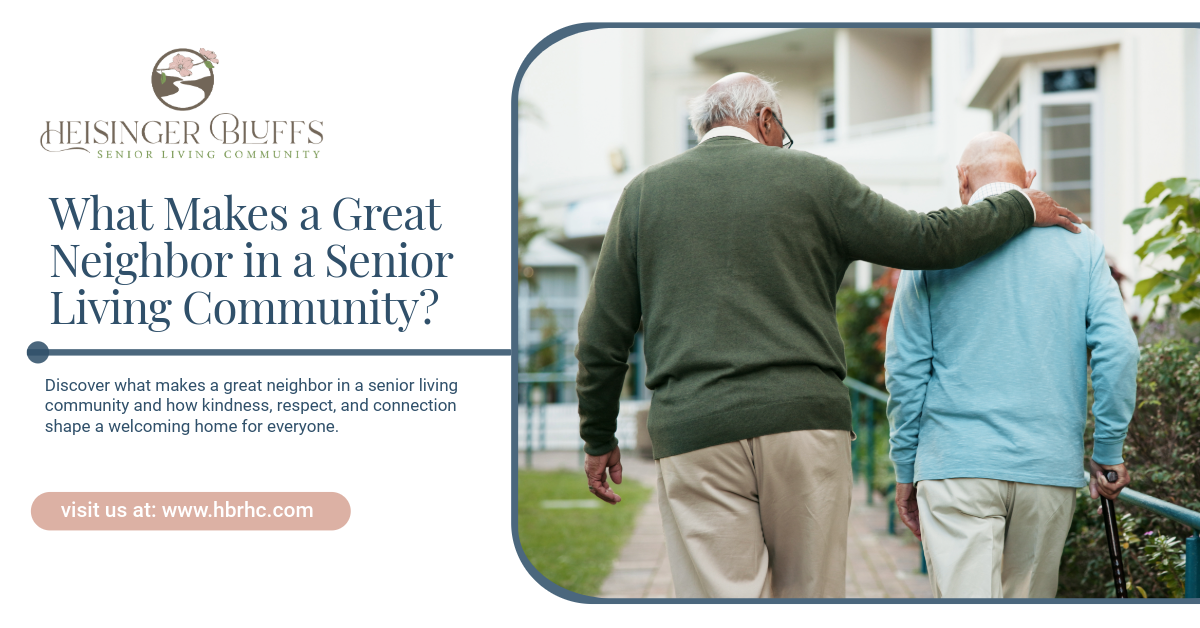 Two neighbors in a senior living community walking together