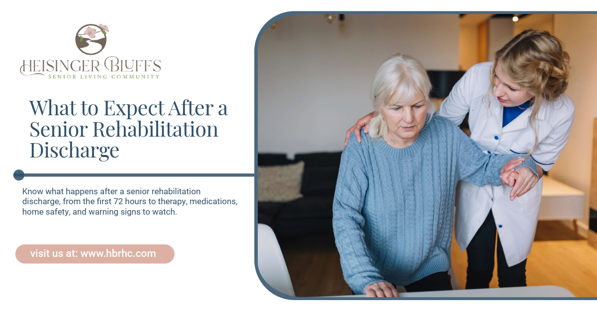 A caregiver assisting a senior who is discharged from rehabilitation