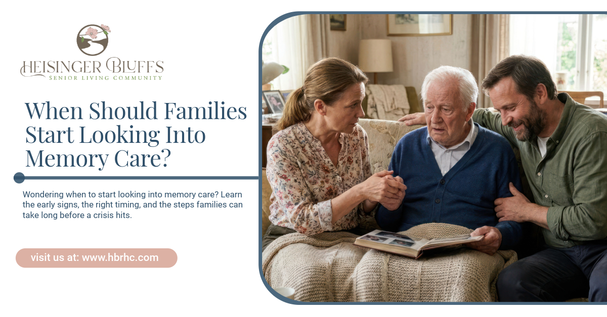 A family of three. A man talking to his elderly parents about memory care