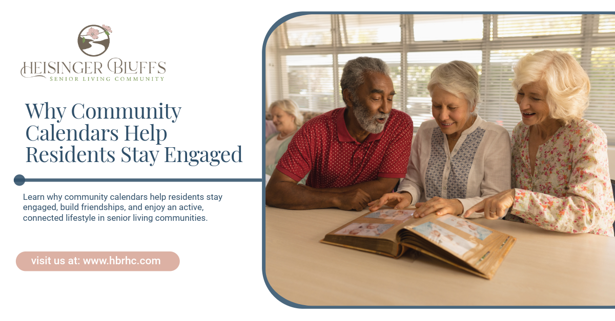 Senior living residents engaged in reading a book together