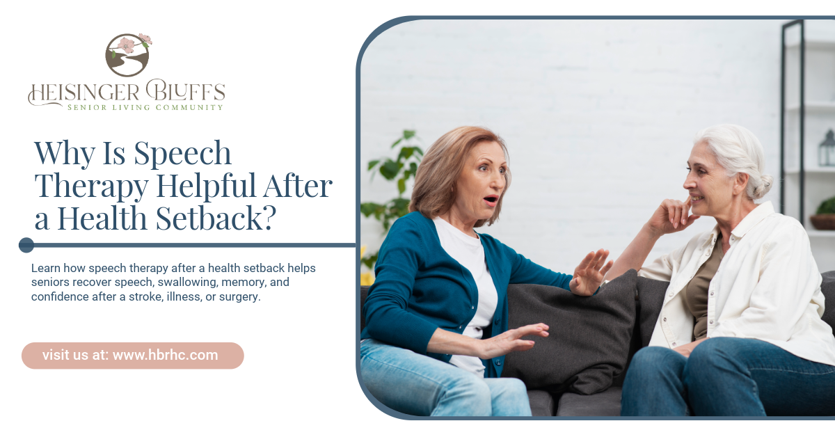 A senior and a speech therapist are sitting on a couch during speech therapy
